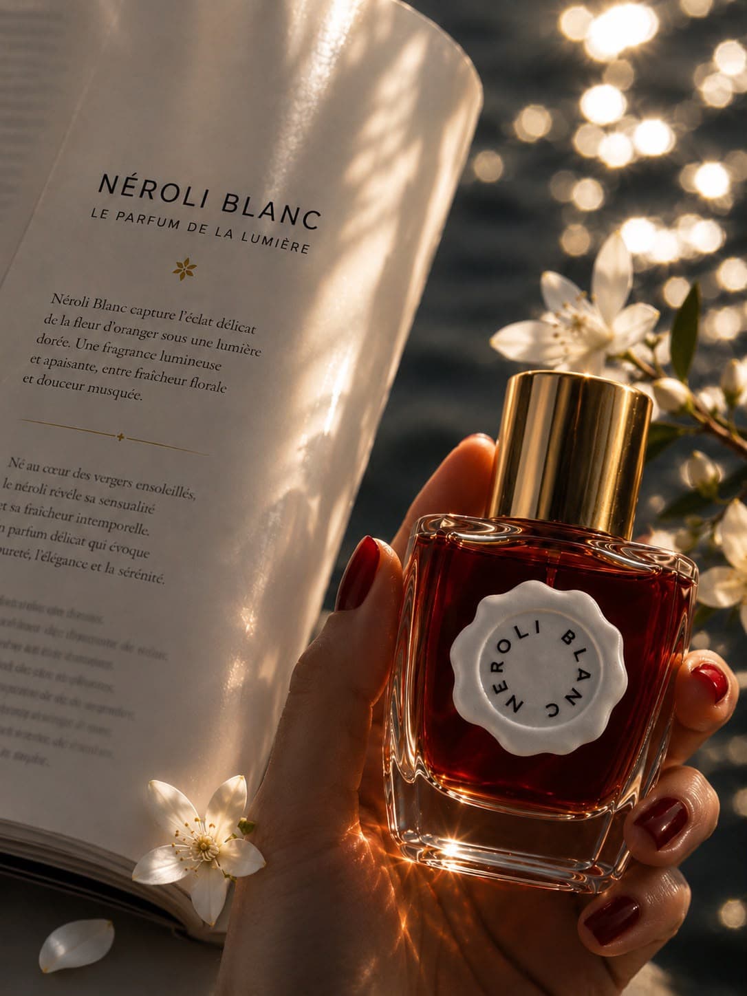 The Néroli Blanc bottle held in one hand in front of an open book